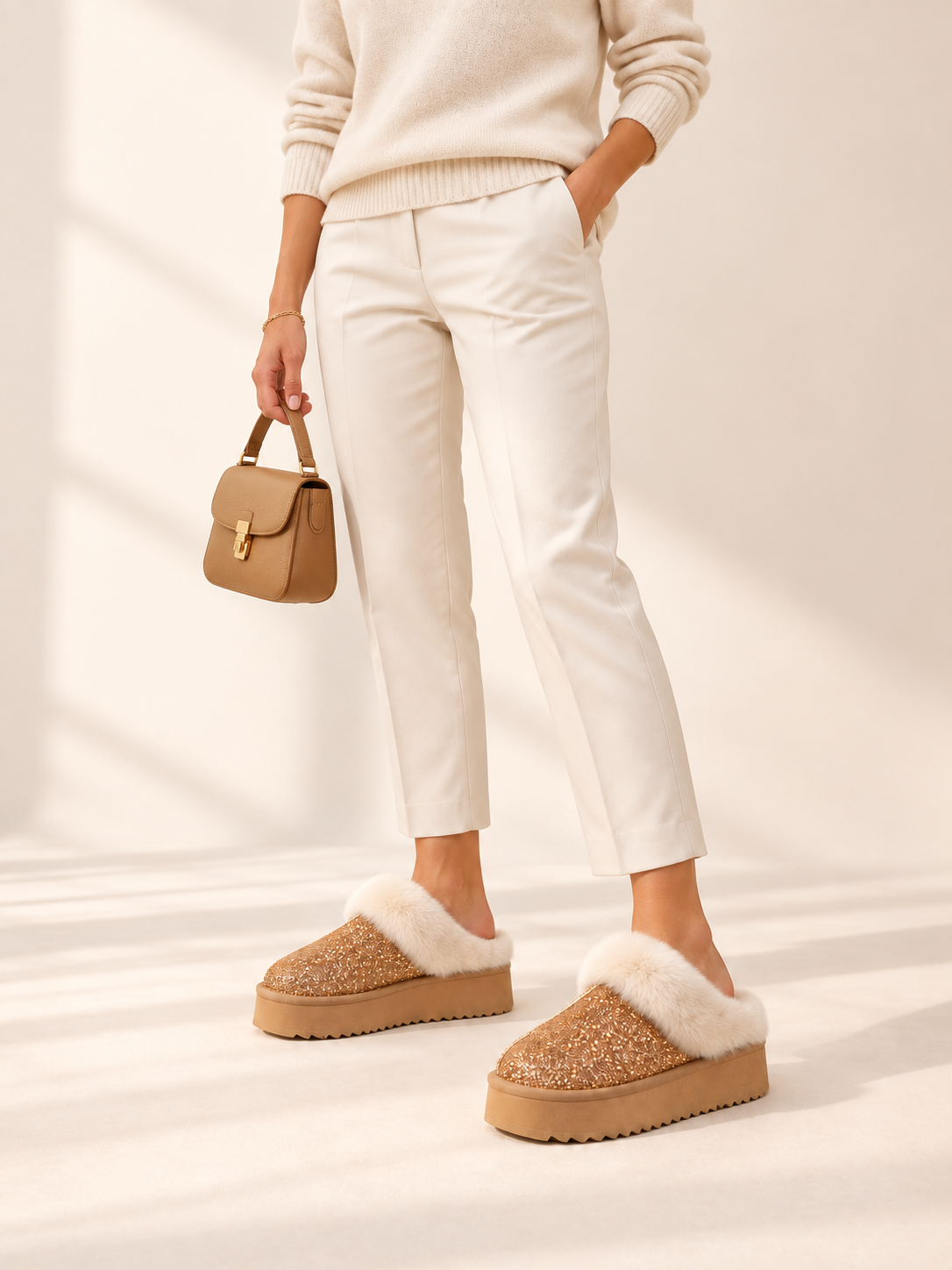Sabots fourrés Mila · inspiration de tenue, visuel généré